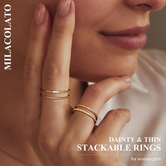 14K Gold Filled 1.3mm Thin Stackable Rings for Women - Minimalist Non Tarnish Ha - Picture 2 of 6
